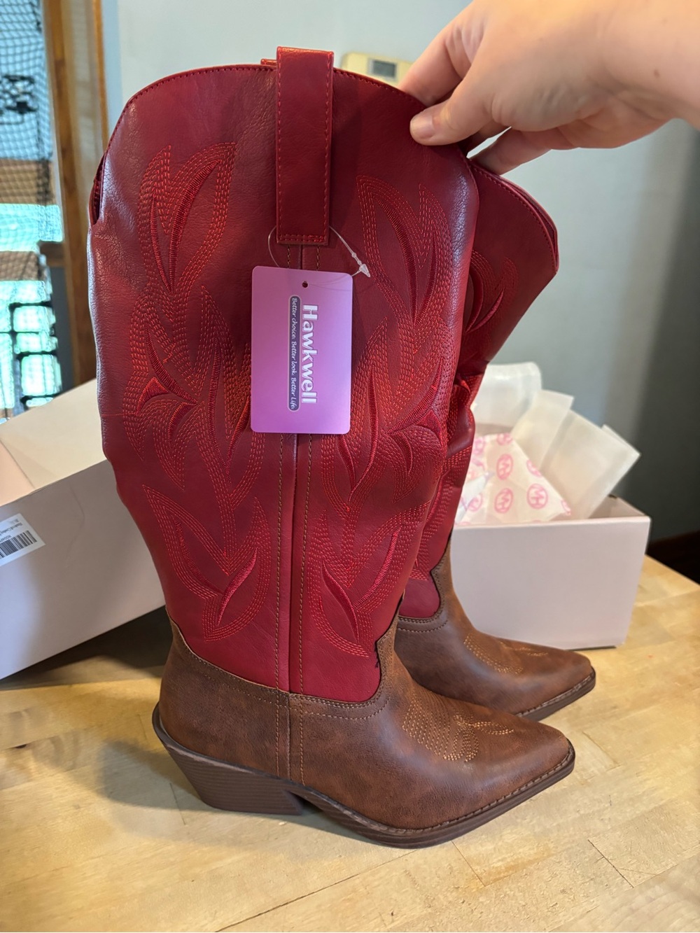 Hawkwell Red and Brown Western-Inspired Heeled Boots for Women